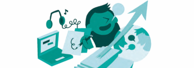 illustration de la diversit&eacute; des besoins des &eacute;tudiants &agrave; l'universit&eacute; dans leurs enseignements - dessin de couleurs vertes d'une personnes entour&eacute;e d'un ordinateur, un casque audio, une page de notes, des bulles de discussions avec des marches et une fl&egrave;che vers le haut. ...