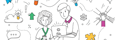 L'image est un dessin repr&eacute;sentant deux personnes travaillant ensemble sur un ordinateur portable.  Autour d'eux flottent des symboles repr&eacute;sentant des id&eacute;es (ampoules), du travail d'&eacute;quipe (mains jointes), de la croissance (fl&egrave;che vers le haut), et de la r&eacute;solution de probl&egrave;mes (pi&egrave;ce de puzzle). Le style est d&eacute;contract&eacute; et color&eacute;. L'ensemble &eacute;voque une atmosph&egrave;re positive et dynamique.